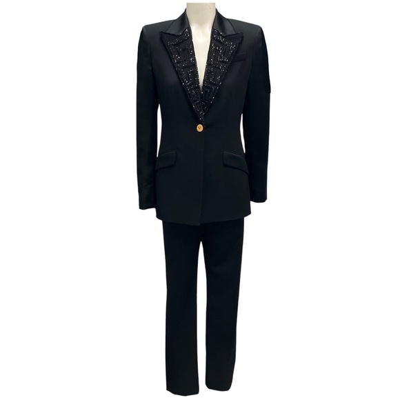 VERSACE BLACK CRYSTAL EMBELLISHED TUXEDO JACKET AND PANTS SUIT SET - Picture 1 of 8